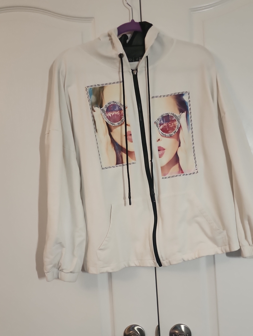 Women's Cream Zip-Up Hoodie with Sunglasses Graphic